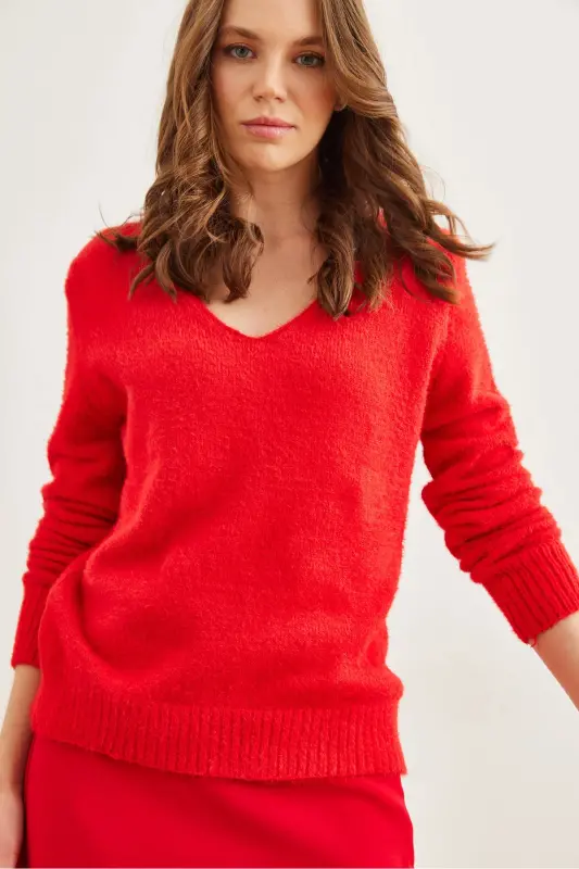Woman Red V Neck Soft Touch Beard Knitted Sweater KZK-19000860-Red - 4