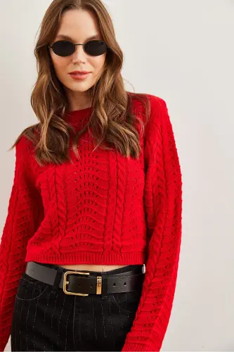 Woman Red Wave Knitted Crop Sweater KZK-19000822-Red - 3