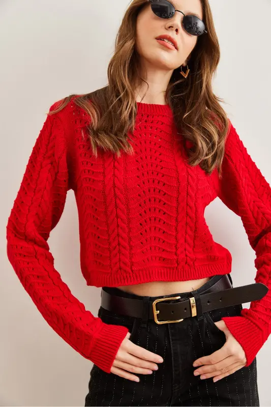 Woman Red Wave Knitted Crop Sweater KZK-19000822-Red - 4