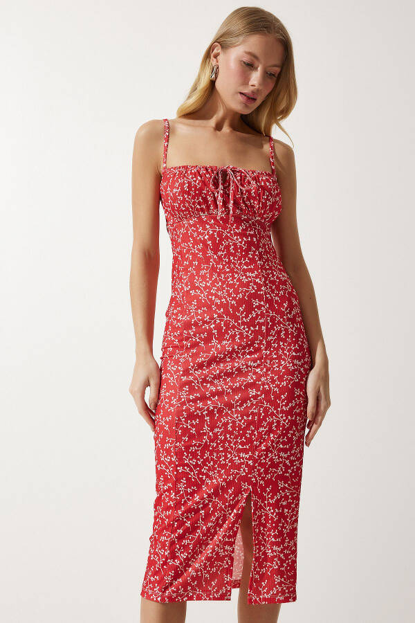 Woman Red White Floral Slit Summer Knitted - 2