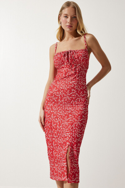 Woman Red White Floral Slit Summer Knitted - 3