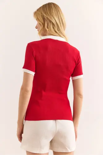 Woman Red White Polo Neck Color Detailed Flexible P - 5