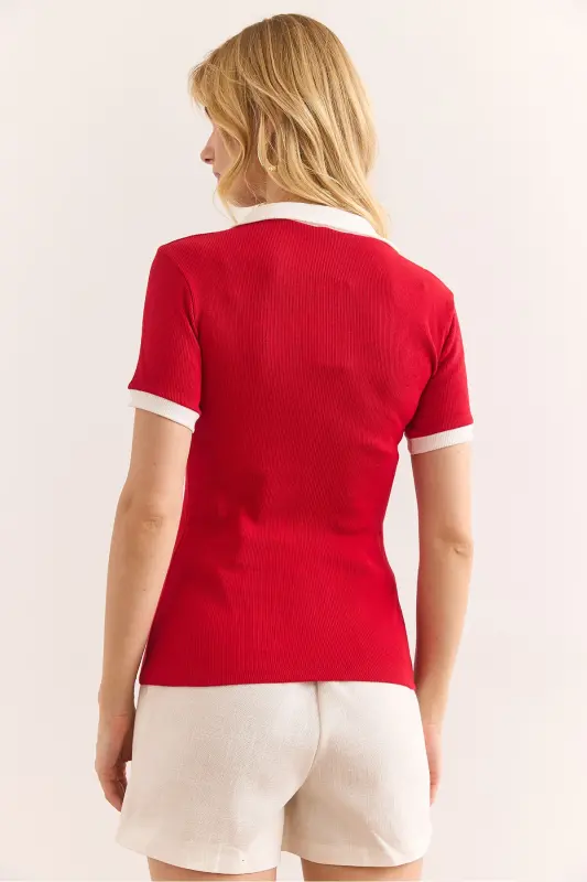 Woman Red White Polo Neck Color Detailed Flexible P - 5