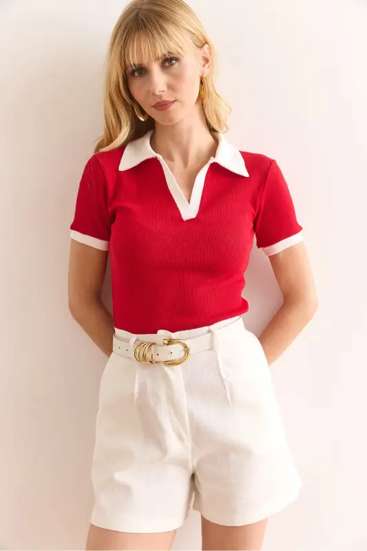 Woman Red White Polo Neck Color Detailed Flexible P - 6