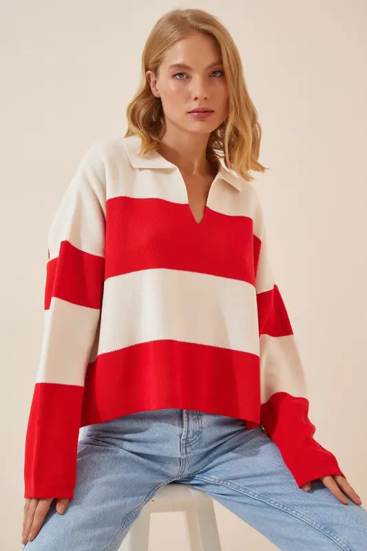 Woman Red White Polo Neck Oversize Crop Knit Sweater US00685 - HAPPINESS İSTANBUL