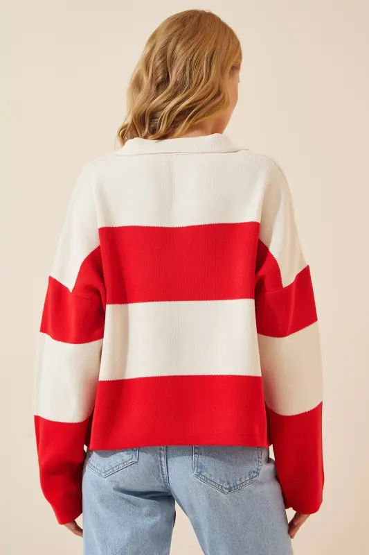 Woman Red White Polo Neck Oversize Crop Knit Sweater US00685 - 2
