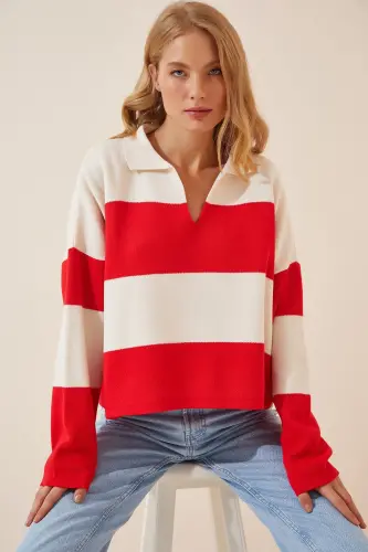 Woman Red White Polo Neck Oversize Crop Knit Sweater US00685 - 3