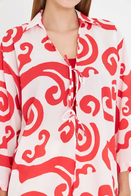 Woman Red-White Shirt Collared Front Laced Kimono Shirt ARM-25K001006-Red - 3