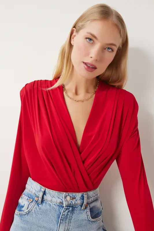 Woman Red Wrap Collar Padded Snap-Closure Sandy Blouse ZH00039-Red - 2