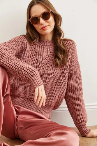 Woman Rose Gold Bicycle Collar Thick Knit Slouchy Tricot Sweater KZK-19000856-Rose Gold - 9