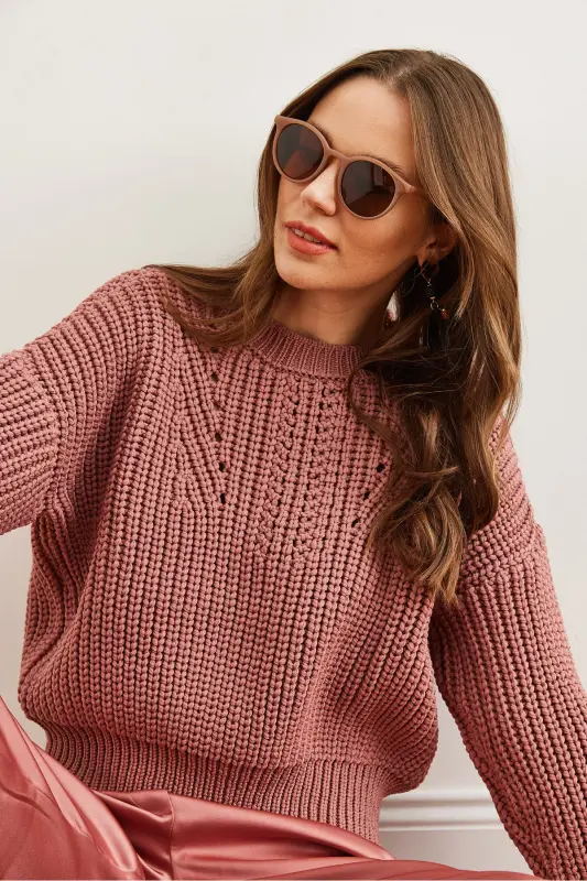 Woman Rose Gold Bicycle Collar Thick Knit Slouchy Tricot Sweater KZK-19000856-Rose Gold - 11
