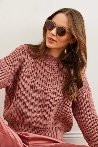 Woman Rose Gold Bicycle Collar Thick Knit Slouchy Tricot Sweater KZK-19000856-Rose Gold - 5