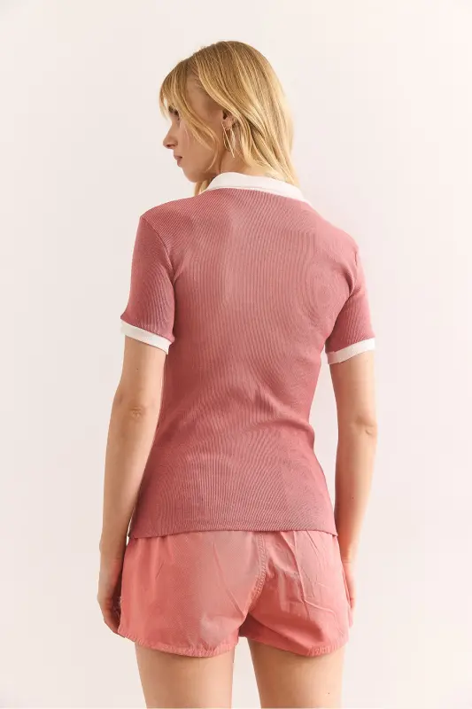 Woman Rose Gold White Polo Neck Color Detailed Esne - 2