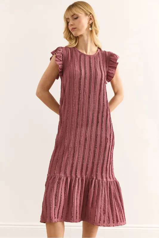 Woman Rosewater Sleeve Skirt Ruffled Textured Midi Dress DRS-19002364-Rosewater - 1