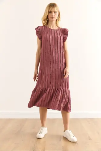 Woman Rosewater Sleeve Skirt Ruffled Textured Midi Dress DRS-19002364-Rosewater - 3