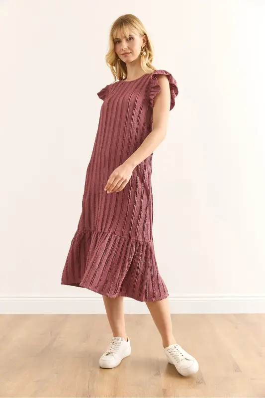 Woman Rosewater Sleeve Skirt Ruffled Textured Midi Dress DRS-19002364-Rosewater - 4