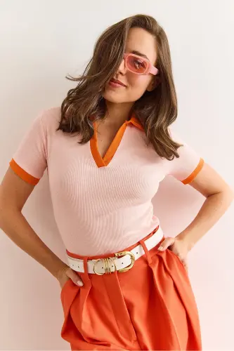 Woman Salmon Orange Polo Neck Color Detailed Flexible P - 2