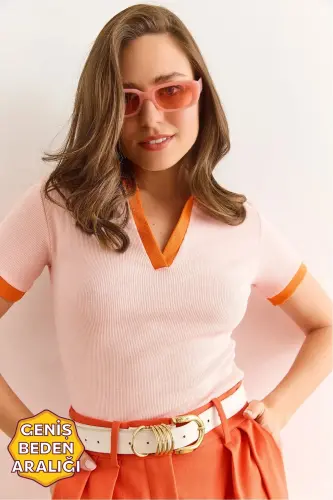 Woman Salmon Orange Polo Neck Color Detailed Flexible P - 3