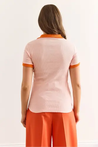 Woman Salmon Orange Polo Neck Color Detailed Flexible P - 6