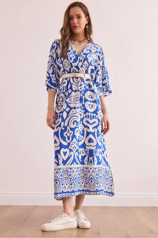 Woman Sax Blue Bat Slit Waistband Fabric - OLALOOK