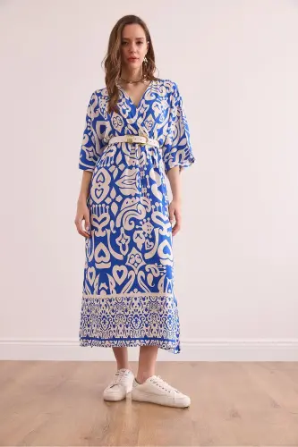 Woman Sax Blue Bat Slit Waistband Fabric - 3