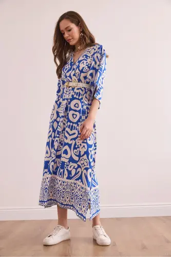 Woman Sax Blue Bat Slit Waistband Fabric - 4