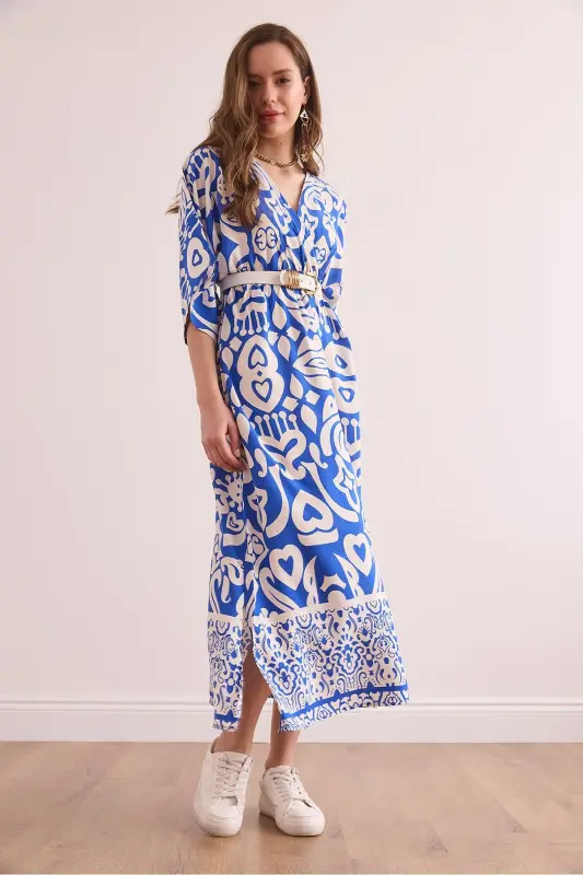 Woman Sax Blue Bat Slit Waistband Fabric - 5