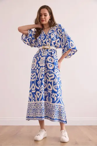 Woman Sax Blue Bat Slit Waistband Fabric - 6