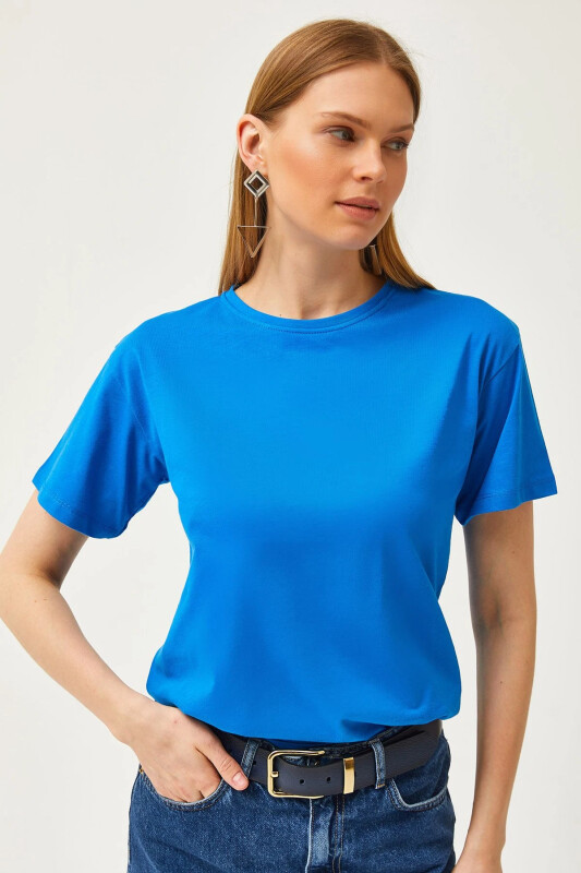 Woman Sax Blue Crew Neck Basic T-Shirt TSH-190 - OLALOOK