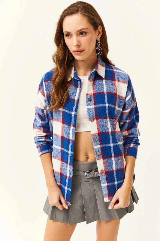 Woman Sax Blue Red Plaid Lumberjack Shirt-Sax Blue Red - 1