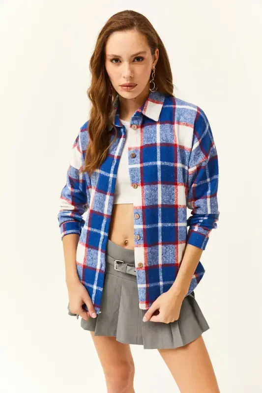 Woman Sax Blue Red Plaid Lumberjack Shirt-Sax Blue Red - 2