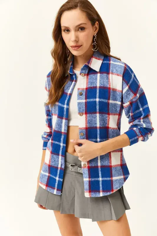 Woman Sax Blue Red Plaid Lumberjack Shirt-Sax Blue Red - 4