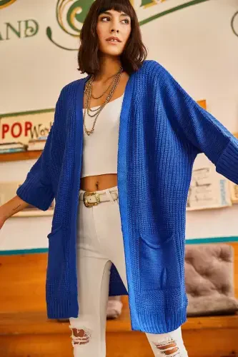Woman Sax Blue Sleeve Folded Pocketed Loose Knit Cardigan HRK-19000123-Sax Blue - 1