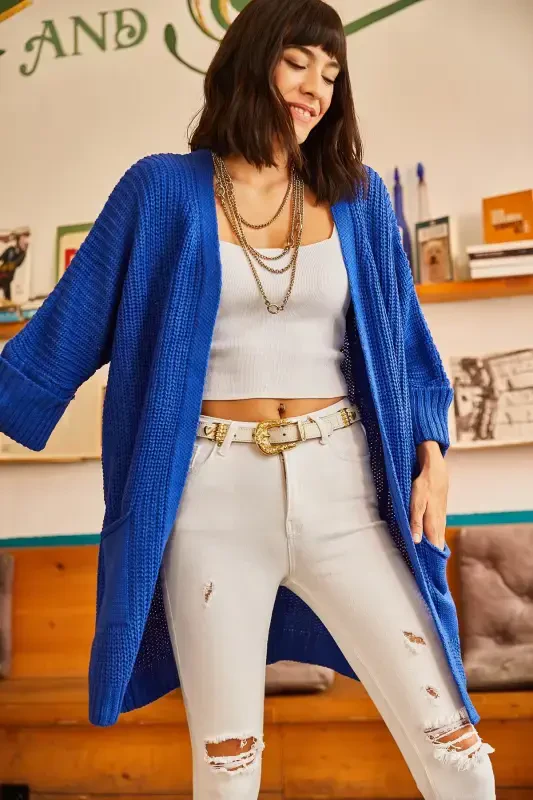 Woman Sax Blue Sleeve Folded Pocketed Loose Knit Cardigan HRK-19000123-Sax Blue - 2