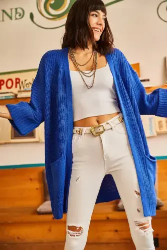 Woman Sax Blue Sleeve Folded Pocketed Loose Knit Cardigan HRK-19000123-Sax Blue - 3
