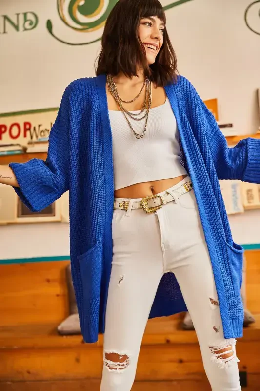 Woman Sax Blue Sleeve Folded Pocketed Loose Knit Cardigan HRK-19000123-Sax Blue - 3