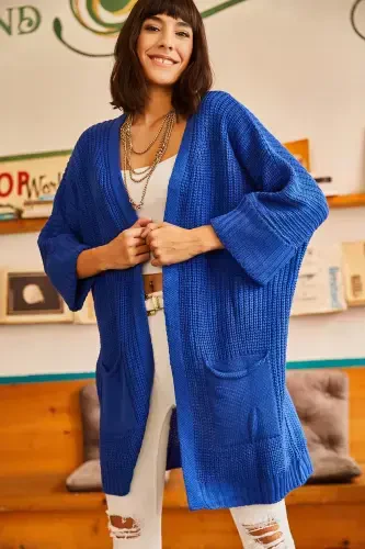 Woman Sax Blue Sleeve Folded Pocketed Loose Knit Cardigan HRK-19000123-Sax Blue - 4