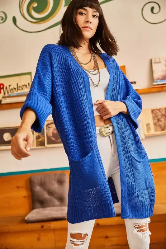 Woman Sax Blue Sleeve Folded Pocketed Loose Knit Cardigan HRK-19000123-Sax Blue - 5