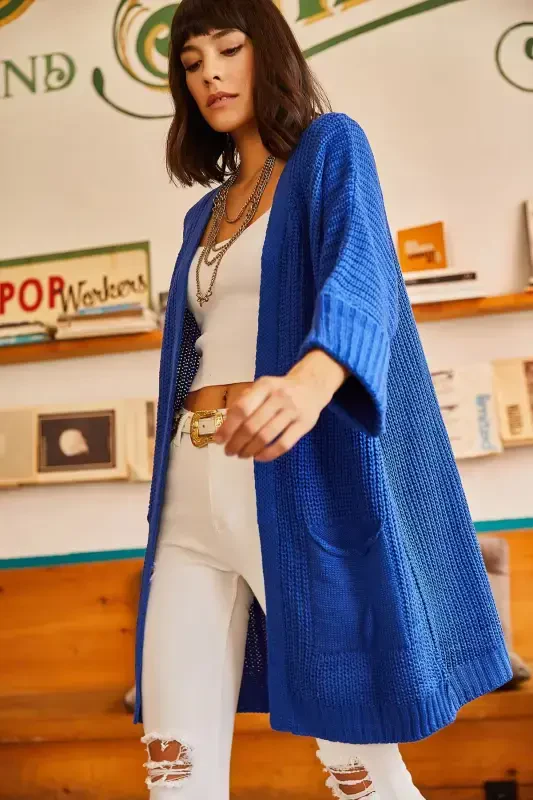 Woman Sax Blue Sleeve Folded Pocketed Loose Knit Cardigan HRK-19000123-Sax Blue - 6