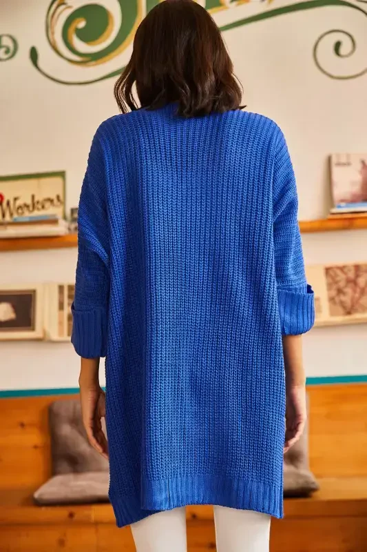 Woman Sax Blue Sleeve Folded Pocketed Loose Knit Cardigan HRK-19000123-Sax Blue - 7