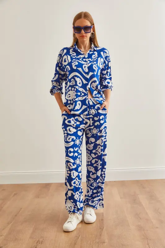 Woman Sax Blue Top Shirt with Pocketed Palazzo Pants - 12