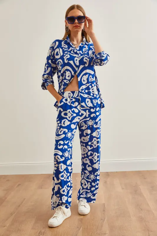 Woman Sax Blue Top Shirt with Pocketed Palazzo Pants - OLALOOK