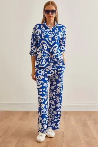 Woman Sax Blue Top Shirt with Pocketed Palazzo Pants - 1