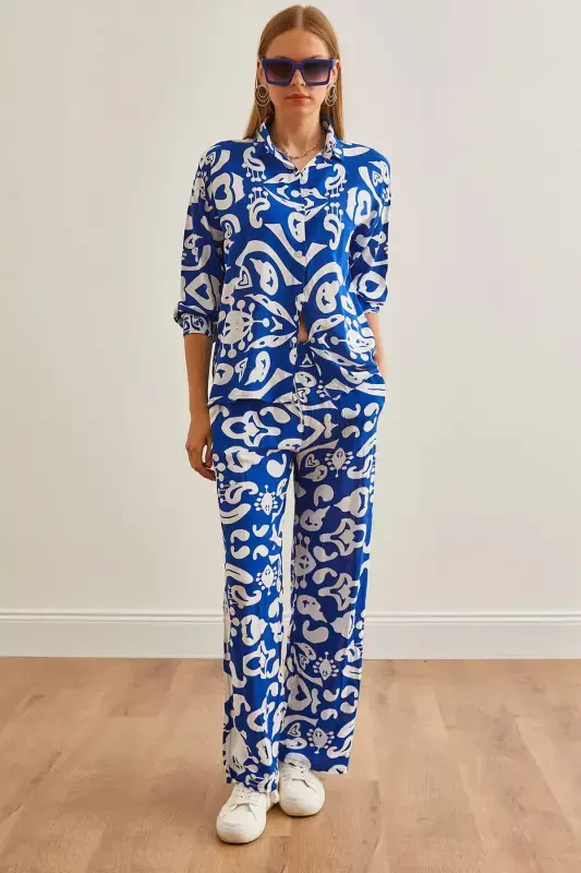 Woman Sax Blue Top Shirt with Pocketed Palazzo Pants - 1