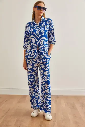 Woman Sax Blue Top Shirt with Pocketed Palazzo Pants - OLALOOK (1)