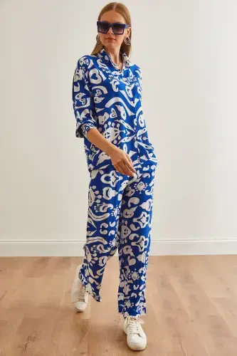 Woman Sax Blue Top Shirt with Pocketed Palazzo Pants - 3