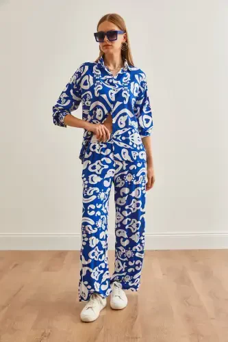 Woman Sax Blue Top Shirt with Pocketed Palazzo Pants - 5