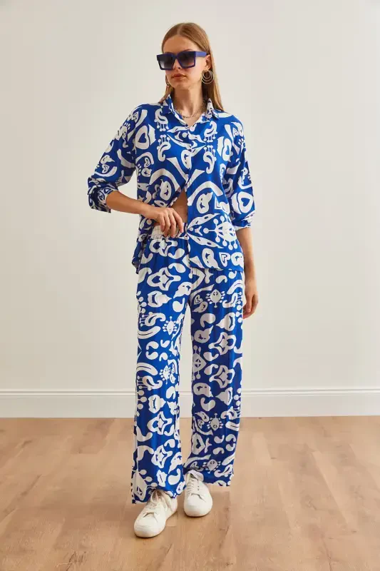 Woman Sax Blue Top Shirt with Pocketed Palazzo Pants - 5