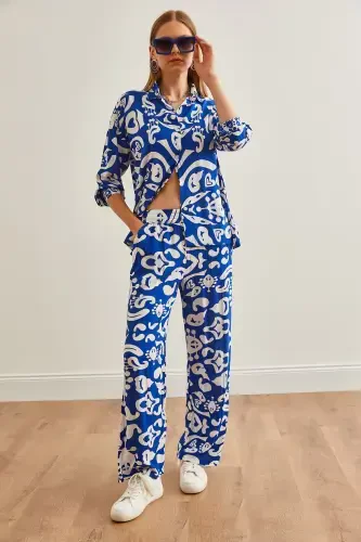 Woman Sax Blue Top Shirt with Pocketed Palazzo Pants - 6