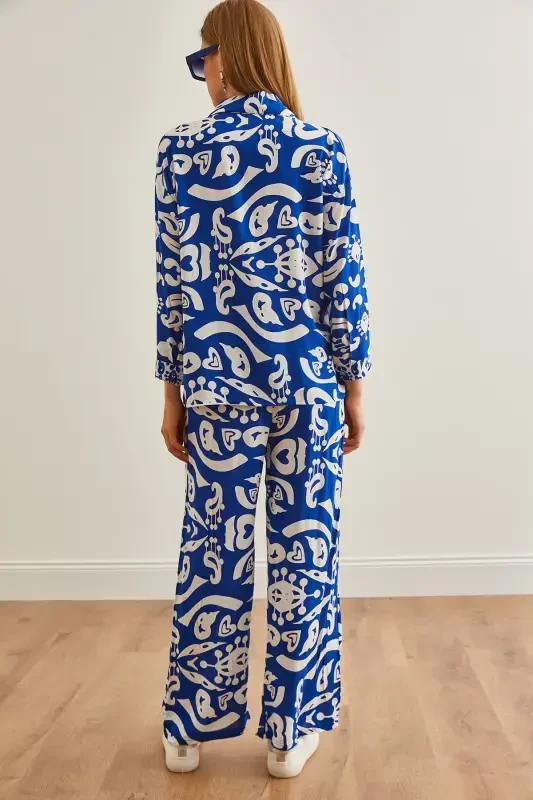 Woman Sax Blue Top Shirt with Pocketed Palazzo Pants - 7